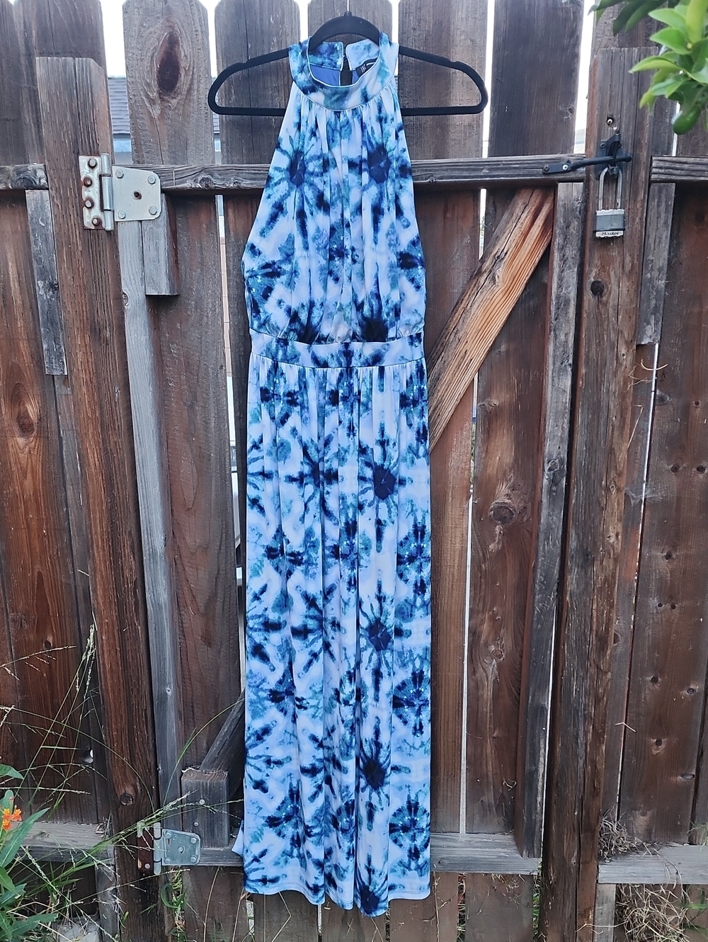 New INC International Concepts Blue & White Tie-Dye Halter Maxi Dress